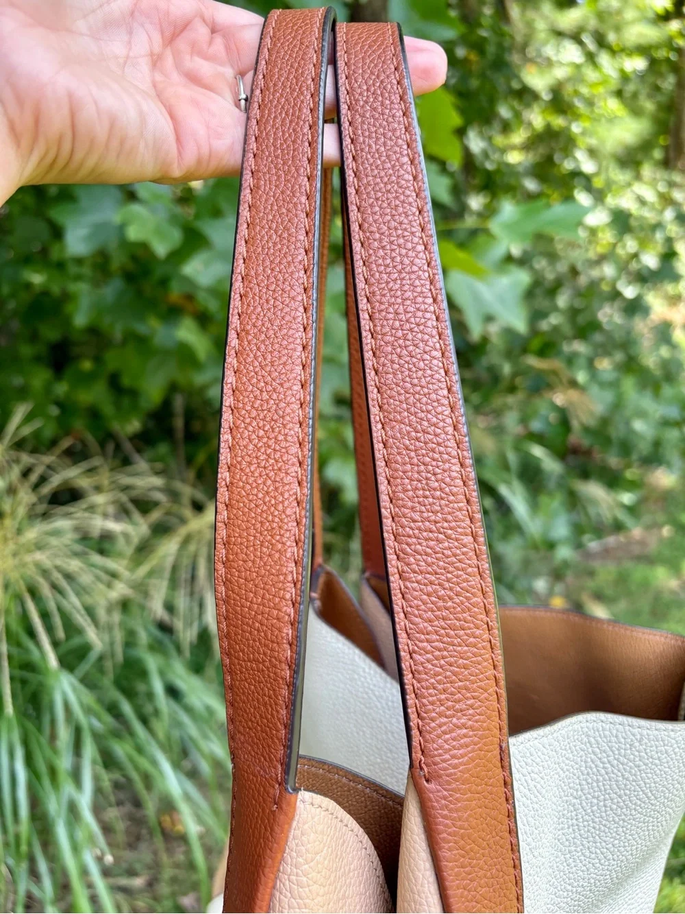 Coach Hadley Hobo 76088 Colorblock Pebbled Leather Tote Chalk Tan Brown Multi
